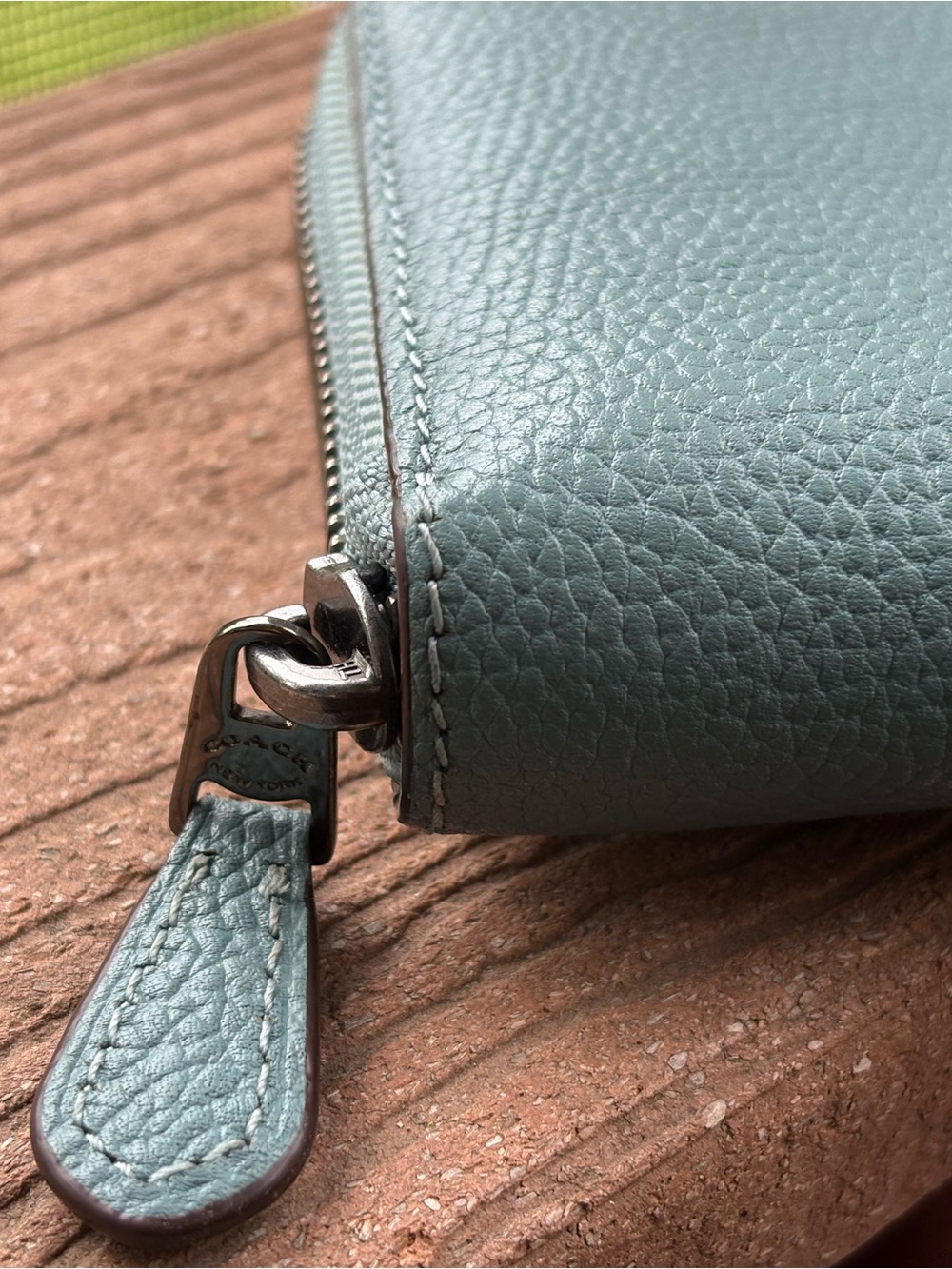 Coach Pebbled Zip Around Wallet - Dusty Teal Blue w/ Gun Metal Hardware - Picture 3 of 7